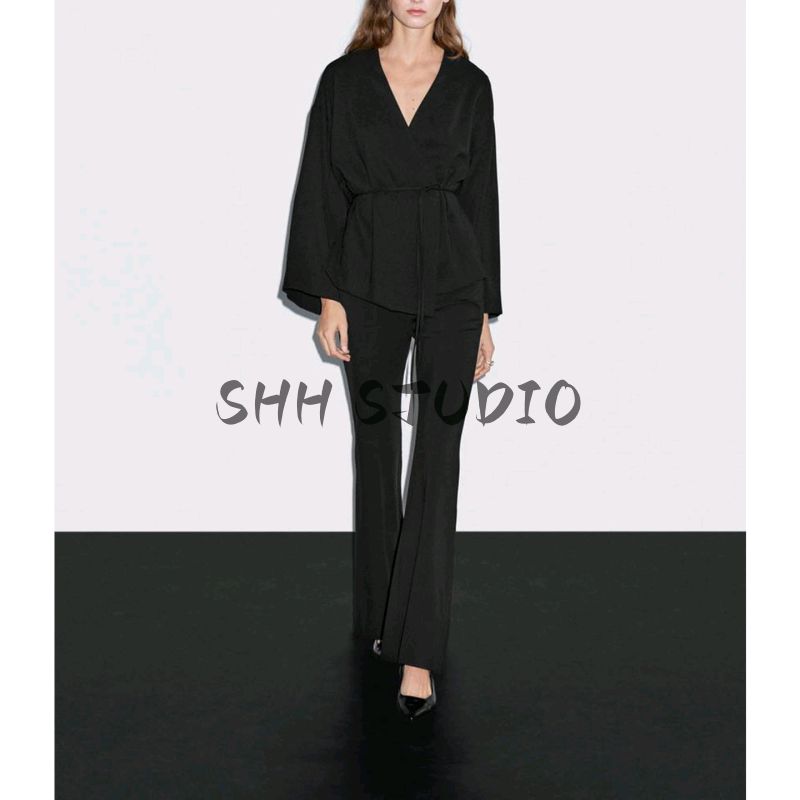 MD Early Autumn New Women Clothes New Chinese Style High Sense Black Drape V-neck Lace-up Shirts Top 5108709