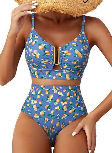 Women's High Waist U-Line Bikini Set Floral Print Swimsuit Cross Back Swimming
