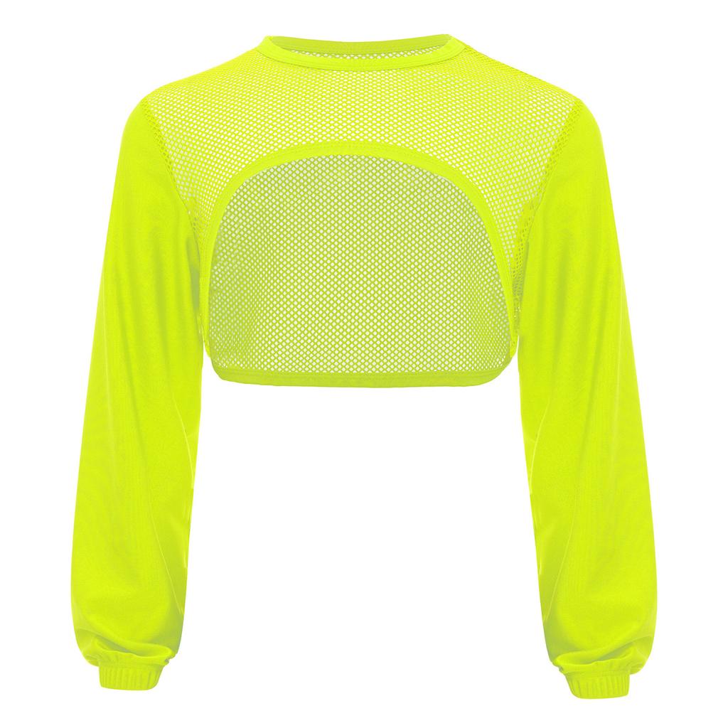 Girls Hip Hop Mesh Crop Top Long Sleeve Hollow Out Patchwork Asymmetrical Hem Dance Streetwear Top
