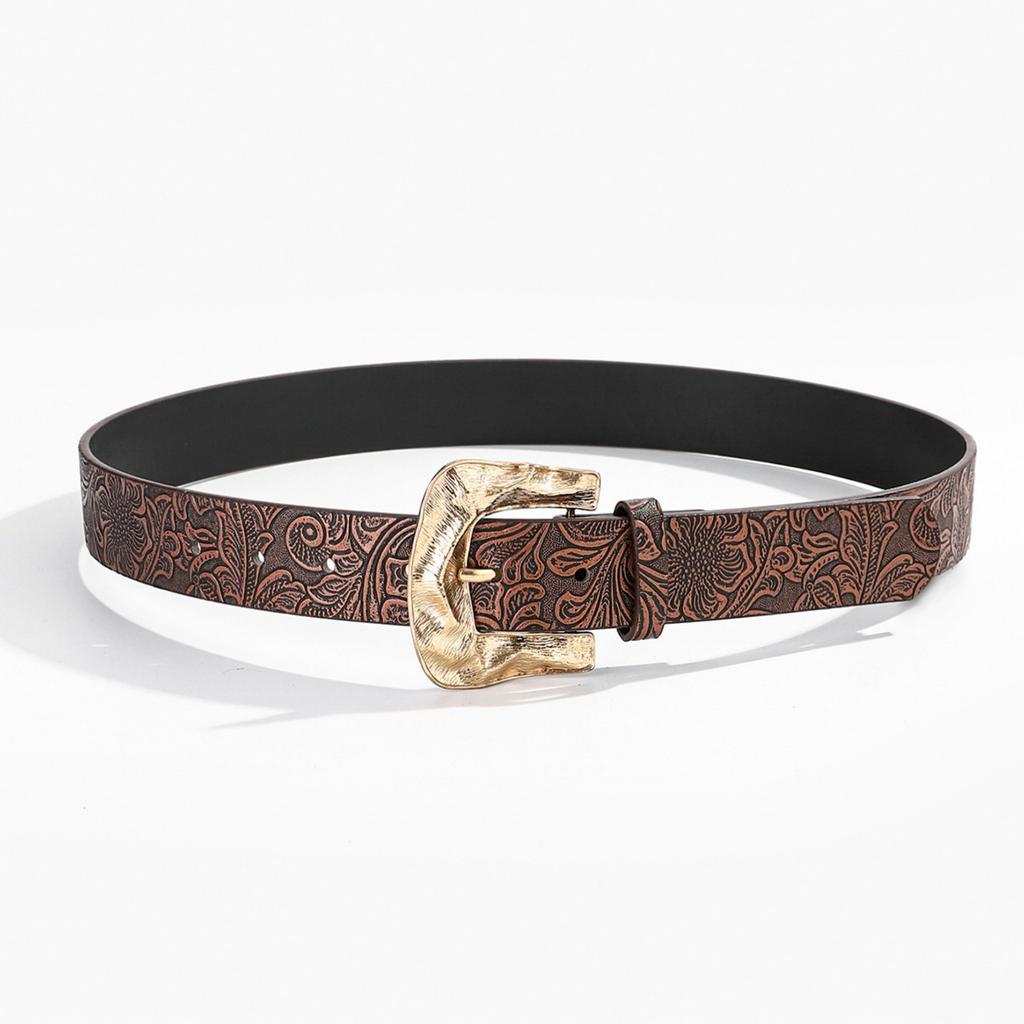 Geschnallter Gürtel mit Schnalle für Jeanshosen, ethnisches geprägtes Muster, Taillengürtel, westliche Stile, PU-Gürtel, Damen, Herren, Taillenriemen