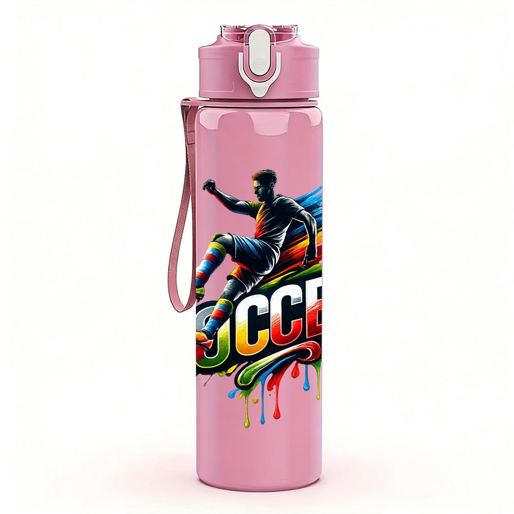 1PC Color Splash Soccer Player Print 750ml Color Plastic Sports Water Bottle Leakproof Flip Straw Lid Suitable for Sports Office Home Use