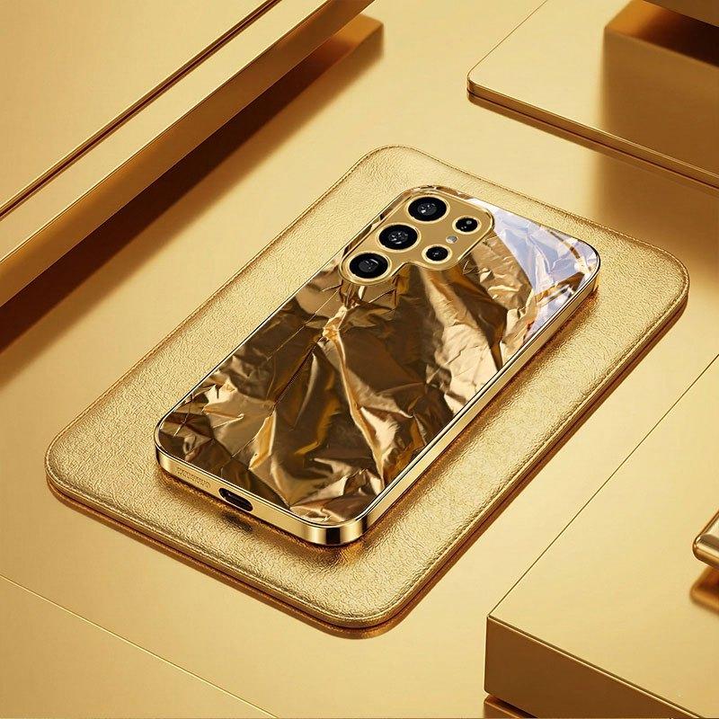 Metallic Paint Tempered Glass Phone Case for Ultra Full Gold Electroplated Frame Crinkle Gold Foil Glossy Mirror Cover