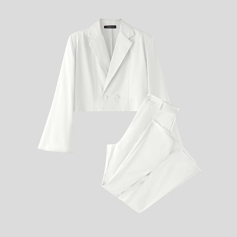 INCERUN 2PCS Men Lapel Long Sleeve Cropped Blazer Long Splits Flare Pants Casual Outfits Two Piece Sets