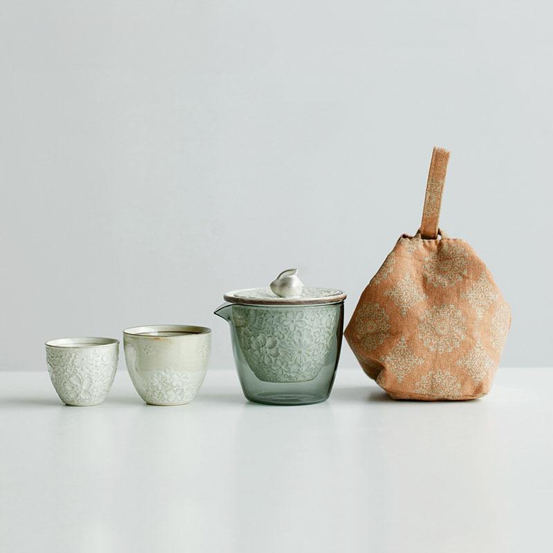 

Pure Hand-painted Silver Tea Set Kit Japanese Embossed Rabbit 1 Pot 2 Cups Tea Maker Outdoor Camping Stock Bags Teaware Supplies