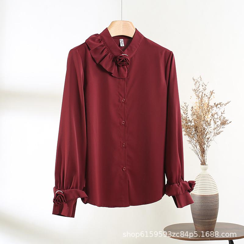 

Ripe style high-end shirt women s French long-sleeved luxury elegant three-dimensional flower thin retro versatile women s top M [recommended below 50kg]