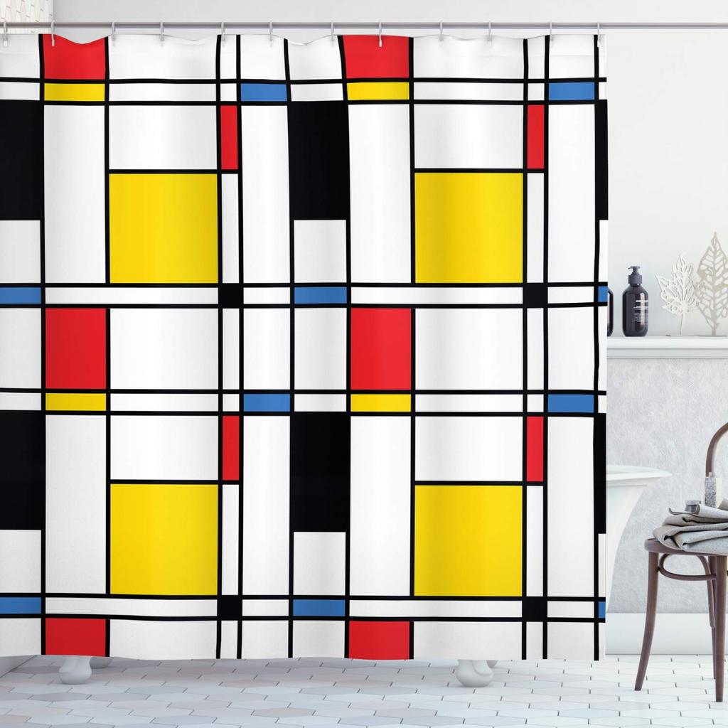 Geometric Shower Curtain Mid Century Vintage Geometric Bathroom Curtain with Hooks Waterproof Polyester Fabric Shower Curtain