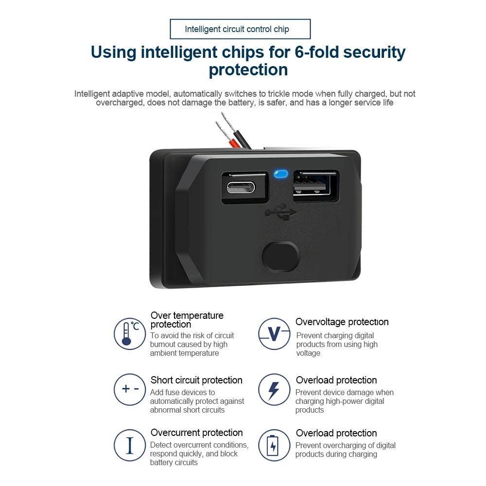 Waterproof DIY RV Car USB PD Charger Socket 2 Port Power Outlet Panel Mount DC5V/3.1A 12V 24V for Car RV Bus Truck