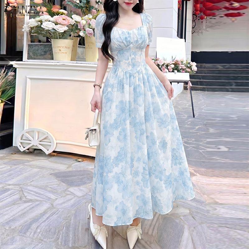 ZANZEA Women Elegant Square Collar Casual Short Sleeve Print Long Dress