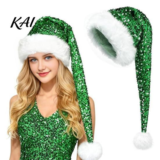 Santa Claus Hat Christmas for Adults, Thicken Soft Velvet Xmas with Sequin Gift Decoration, Long Holiday Party Cosplay Costume Accessories Halloween