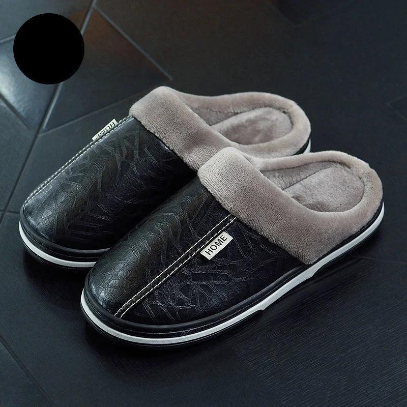 Men‘s Slippers Winter Indoor Women Warm Shoe Comfortable Waterproof PU Leather Slipper Couple Cotton Flat Shoes 2025 New