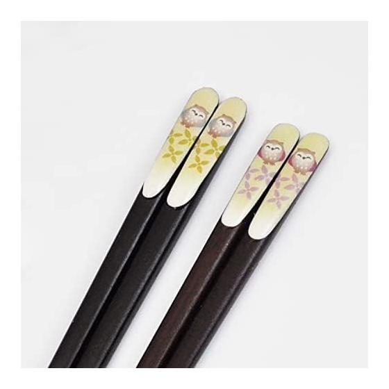 Pair of Lacquered Chopsticks "Kitcho" with Smiling Owl Design in Paulownia Box - 2 Pairs, Made in Japan, Natural Wood, Urushi Lacquer