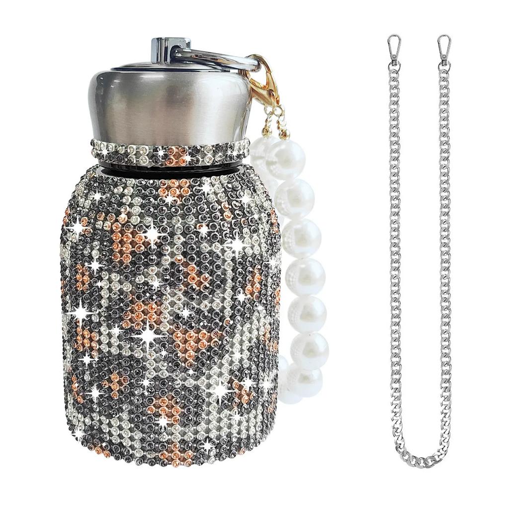 300ml Luxus Strass Edelstahl Isolierbecher Funkelnd Tragbar Perlenkette Wasserflasche Tragbar Reise Vakuumflaschen