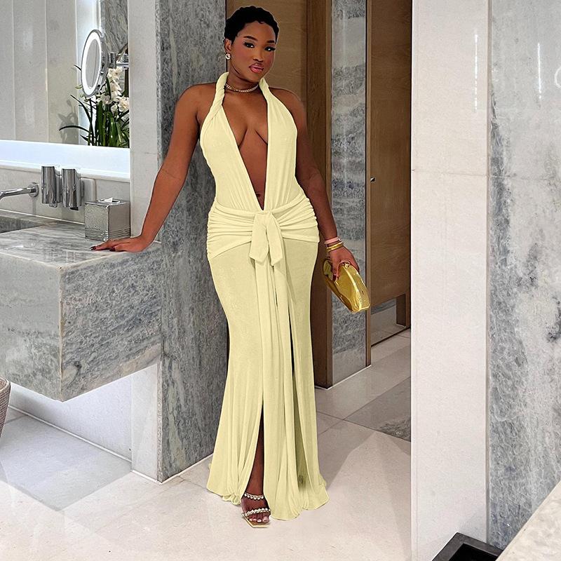 

New Women s Sexy Backless Halter Neck Deep V-neck Solid Color Slit Dress for Women L чорний