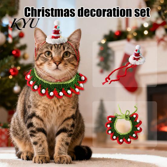 Festive Kitten Apparel Christmas Cat Costume, Knitted Bandana Pom-pom Hat, Cute Pet Costume Outfit for Holiday Party Winter Cats