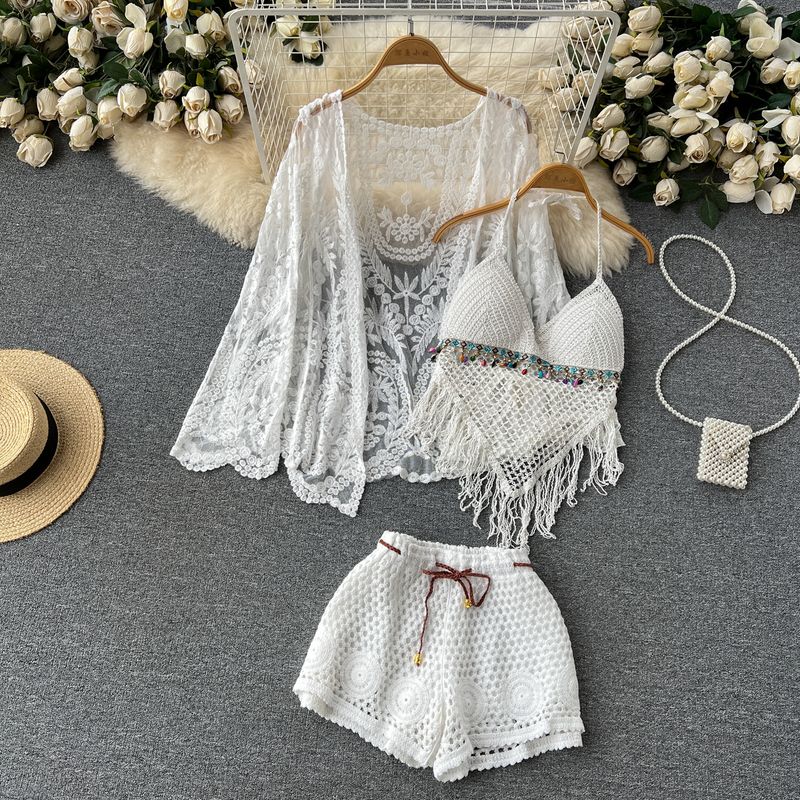 

Vacation Style Embroider Cardigan Tassel Halter Cut-out Lace White One size