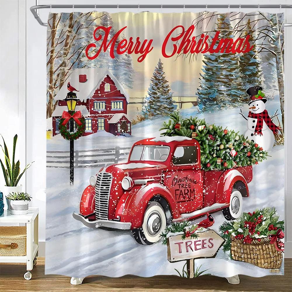 Retro olejomalba Vánoční sprchové závěsy Santa Claus Garland Xmas Tree Vintage krb Novoroční dekorace Sada koupelnových závěsů