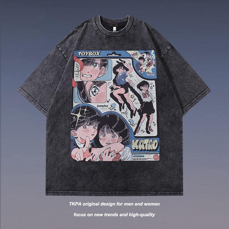 Summer Men'S Street Tide Brand Washed Old Short-Sleeved T-Shirt Men'S And Women'S Cartoon Printed Couple Half-Sleeved Tee Shirt