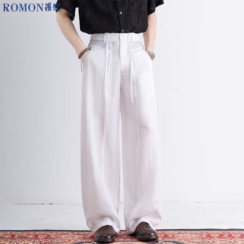 ROMON Men's Tencel Linen Straight-Leg Casual Pants