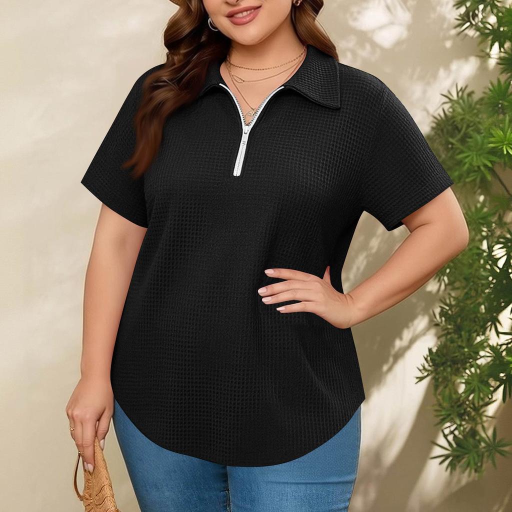 Women's Fashionable Casual Loose Fit Zipper Short-Sleeve Top