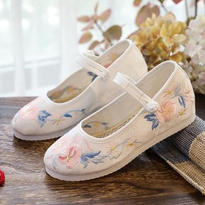 Hanfu-Schuhe, runde Spitze, Einzelschuhe, retro antike Kleidung mit weiß besohlten bestickten Stoffschuhen mit flacher Sohle, Damen