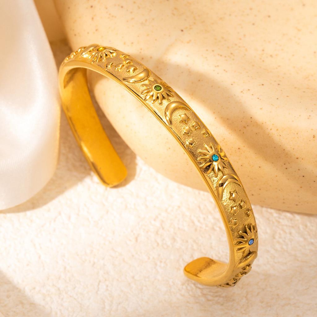 Moon Star Sun Bangle Bracelet Gold Sliver Stylish Metal Open Wrist Vintage Fashion Party Zircon Gift for Women