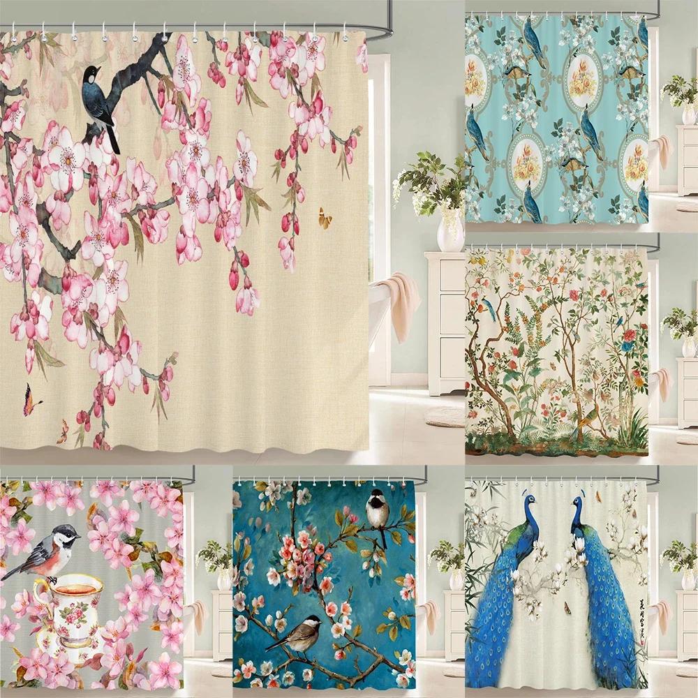 Tenda Doccia Motivo Fiori e Uccelli 3D Paravento Bagno Tessuto Impermeabile Decorazione Bagno 240X180cm Con Ganci Tende Doccia