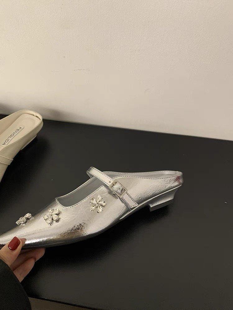 French rhinestone Mary Jane half slippers thick heel women's shoes spring and summer new silver bag head cool slippers Korean version single shoes
