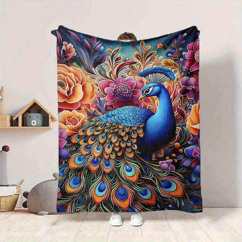 1pc Peacock Feather Print Blanket Lightweight Flannel Blanket Throw Blanket For Sofa, Bed, Travel, Camping, Livingroom, Couch, Chair, And Bed Yy250902