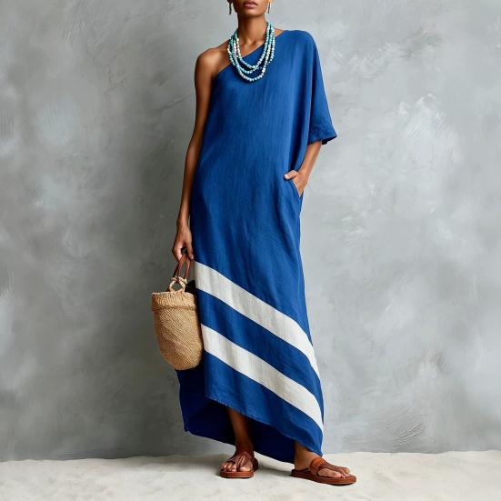 Women One Shoulder Maxi Dress, Color Block Casual Loose Long Dress, Summer Beach Vacation Flowy Sundress with Pockets