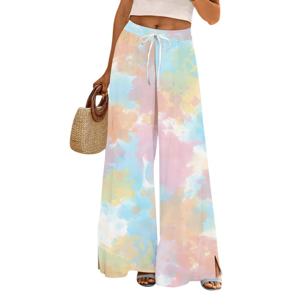 Dámské potištěné kalhoty s širokými nohavicemi s kapsami Vysoký pas Stahovací šňůrka Volné ležérní kalhoty