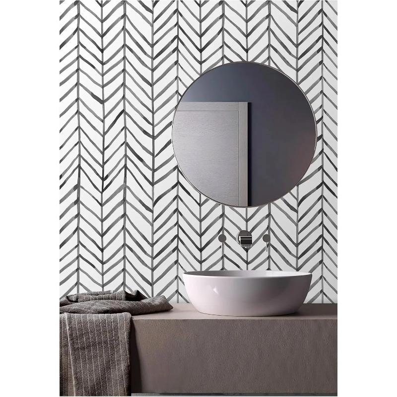 Boho Peel and Stick Wallpaper Stripe Herringbone Black White Vinyl Self Adhesive Room Decor Contact Paper for Wall Decor