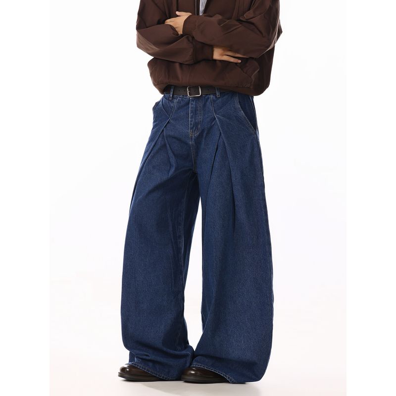 American Retro Pleated Design Dark Blue Jeans for Men and Women, Loose and Versatile, High-End Casual Straight-Leg Wide-Leg Pants