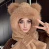 Bear Hat Scarf Integrated Women's Autumn and Winter Riding Cold Scarf Warm Ear Protection Cute Plush Gloves Mask