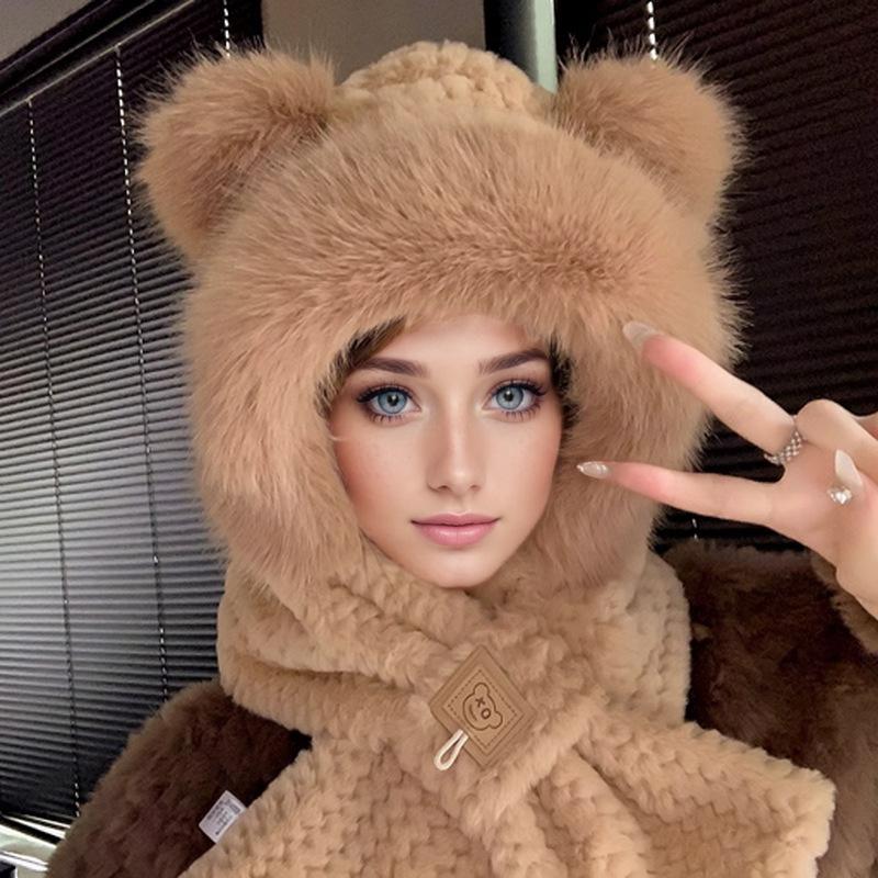 Bear Hat Scarf Integrated Women's Autumn and Winter Riding Cold Scarf Warm Ear Protection Cute Plush Gloves Mask