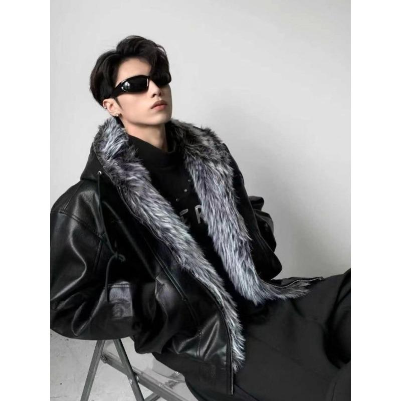 Men's Winter Hooded PU Leather Jacket with Fur Collar - Trendy, Loose, Versatile, Plus Velvet, Thickened for Warmth