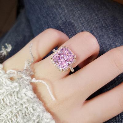 Huitan Wunderschöne quadratische rosa Zirkonia-Ringe für Frauen, ästhetische Braut- und Hochzeitsbänder, Accessoires, Party, neuer trendiger Schmuck