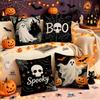 Halloween Decorative Pillow Cover Linen Fabric Square Sofa Cushion Case Indoor Home Accent with Ghost and Haunted House Print for Seasonal Decor