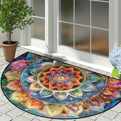Colorful Ethnic Style Flower Semi-Circular Carpet Soft Non-Slip Decorative Mat 2D Print Aesthetic Rug for Bedroom Balcony Entrance