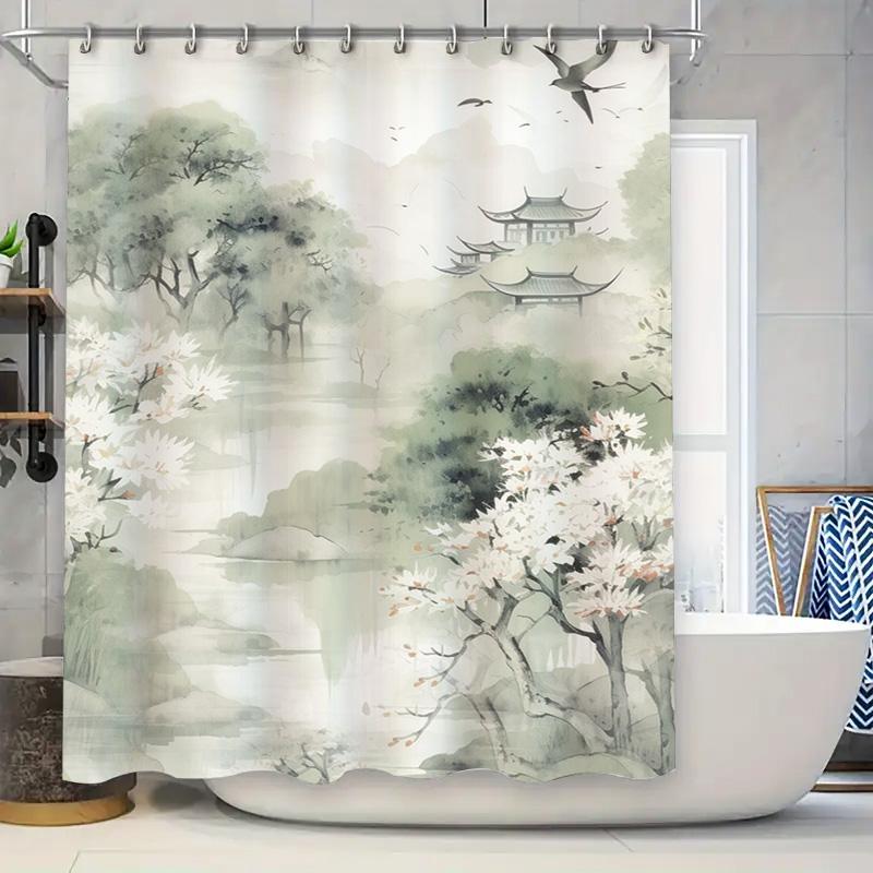 

Классическая шторка для душа в азиатском стиле с акварельным дизайном, изображающим пагоды, цветущую сакуру и природу, идеально подходящая для спа-ли 90x180cm