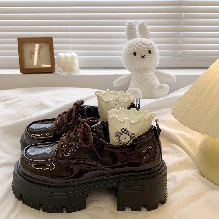 Women's Spring 2025 British-Style Patent Leather Loafers: High Chunky Heel, Thick Sole, Lace-Up, Round Toe.