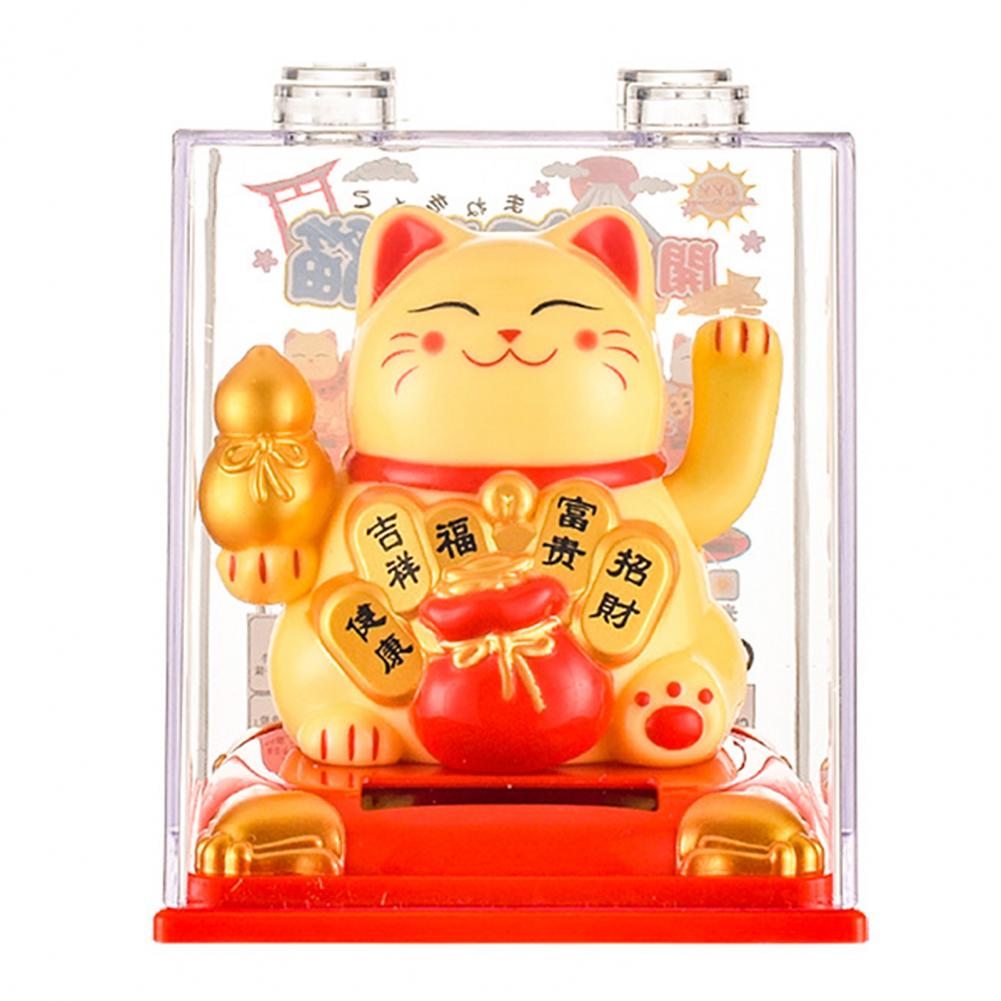 Lucky Wealth Waving Cat Chinese Gold Waving Hand Cat Solar Powered Swing Arm Lucky Cat Waving Fortune Figurine Cat Decoration