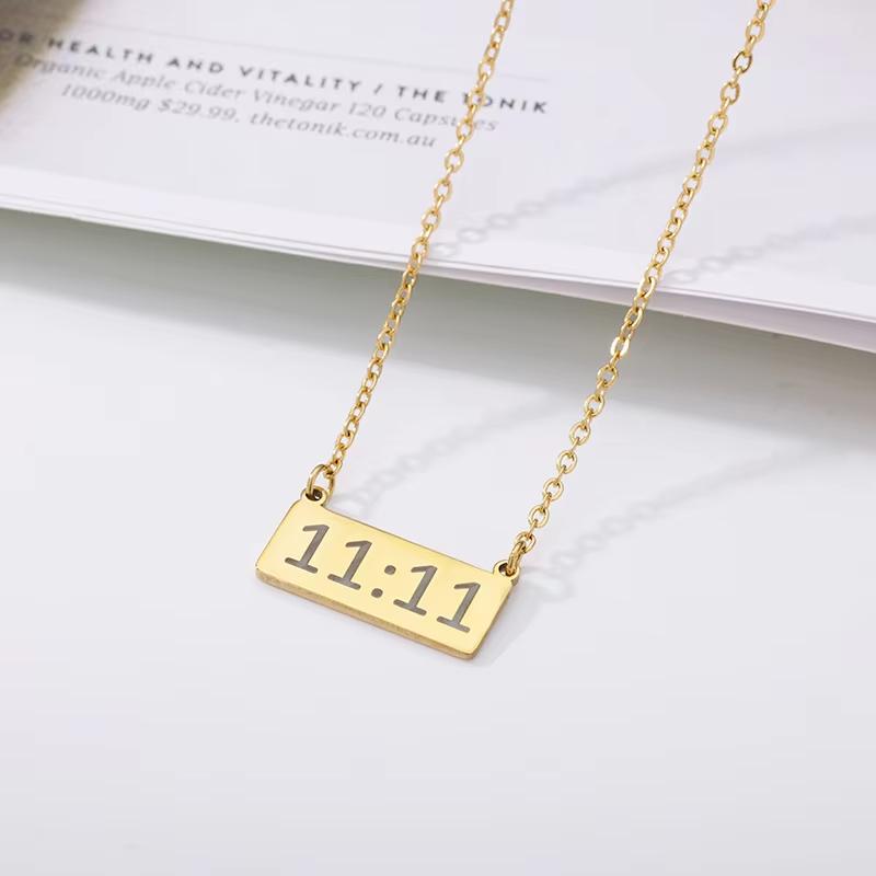 11:11 Rectangle Pendant Necklace for Women Stainless Steel Gold Color Chain Lucky Angel Number 1111 Choker Jewerly Collares