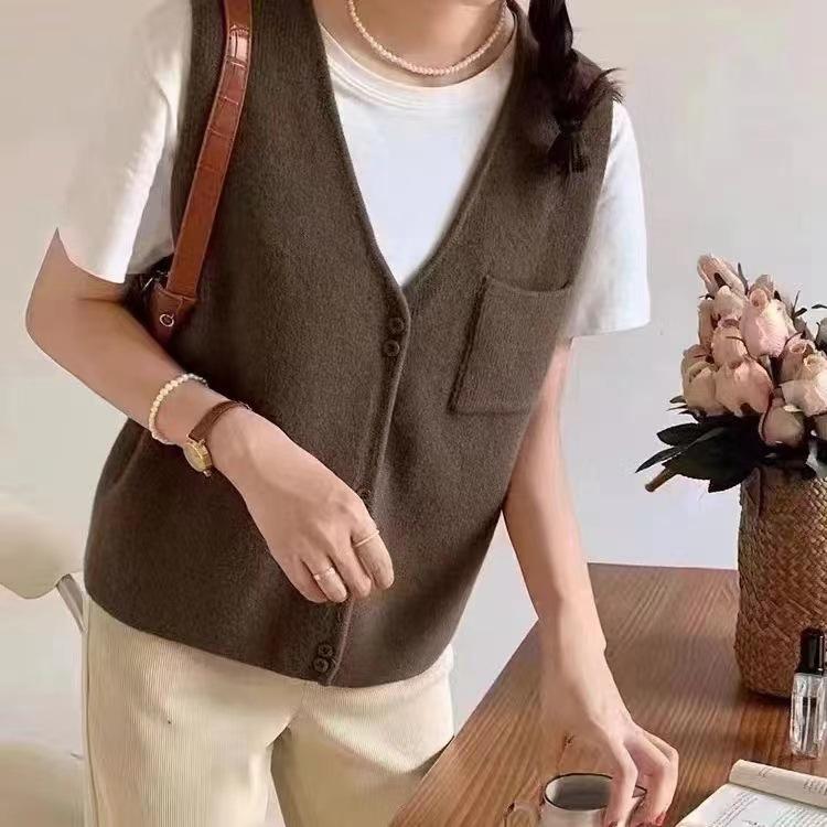 Korean Style Women's V - Neck Knit Vest with Pockets - In Stock, Loose and Lazy - Style Sleeveless Sweater Vest for Autumn and Winter