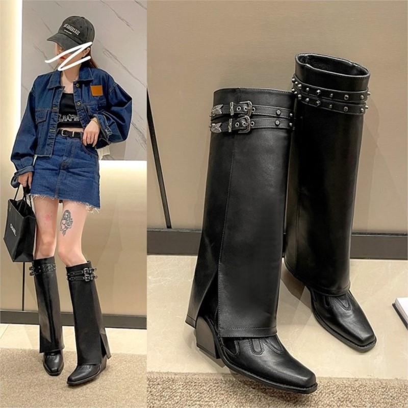 Western Cowboy Boots Women's Pant Boots Fall and Winter New Thick Heel Double Buckle Square Head Slim Tall Knight Boots C1053