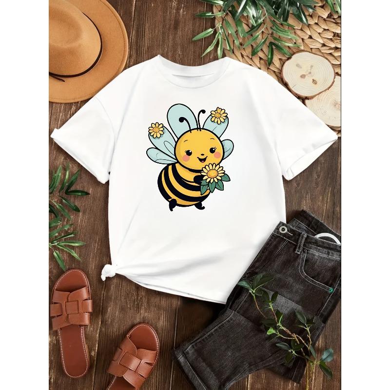 European sizes Girls Outdoor T-Shirts Features a Casual And Stylish Design with a Cute Cartoon Bee Print 110 белый