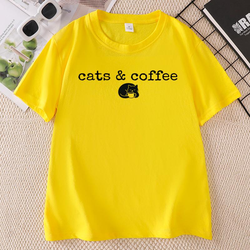 Cats and Coffee Lover Tee Unisex Funny Black Cat Tshirt Casual Round Neck Printed Graphic Tee Summer Cotton Shortsleeve Tee