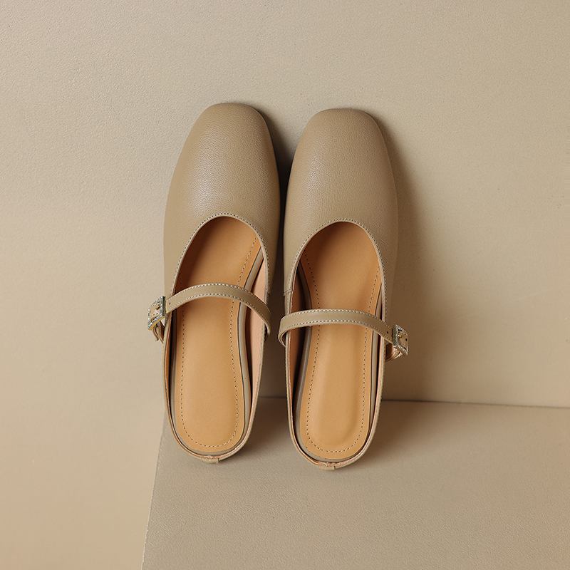 Krazing Pot, mulas de cuero de plena flor, punta cuadrada, tacones bajos, zapatillas exteriores de otoño, zapatos de verano, zapatos de tacón para mujer