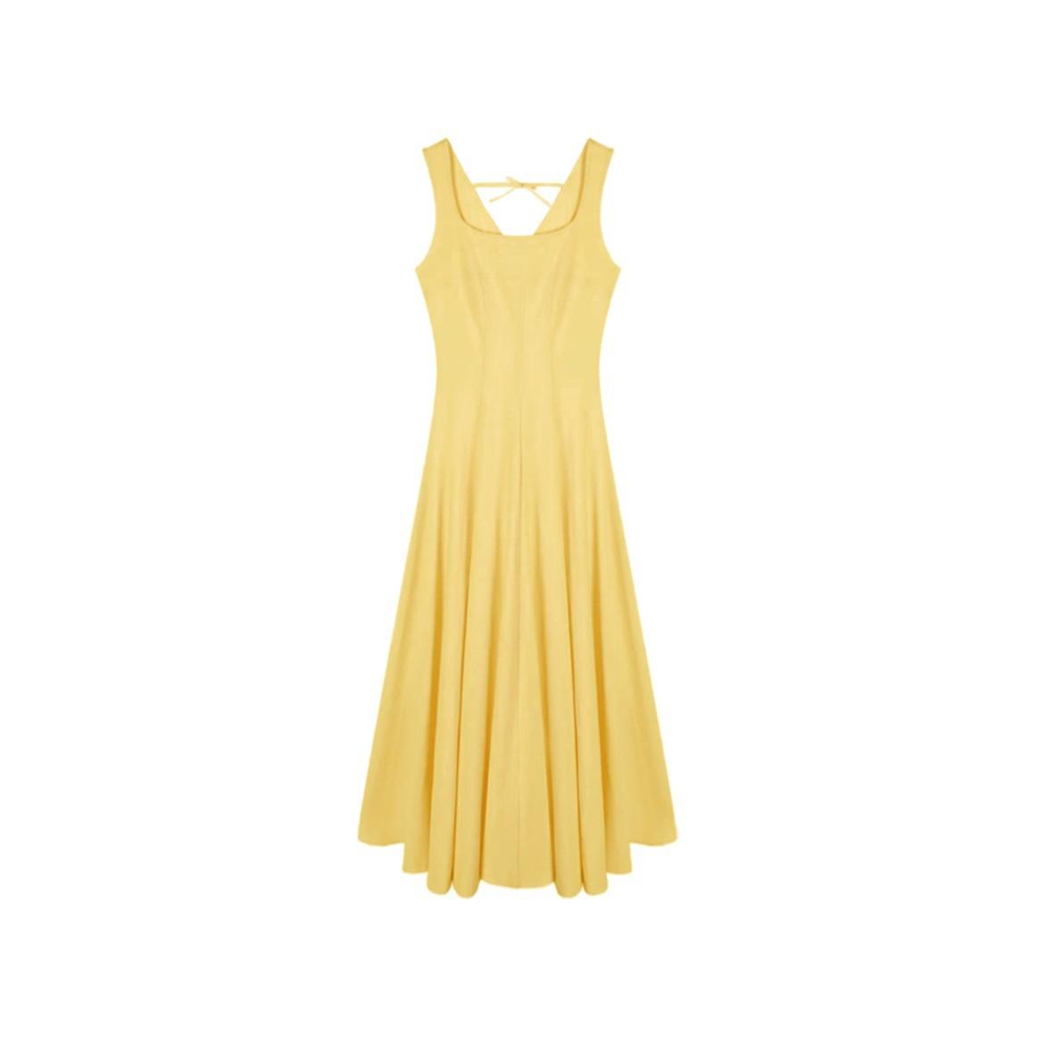 

French temperament U-neck yellow suspender dress women s summer skirt waist thin big swing skirt holiday style long dress S