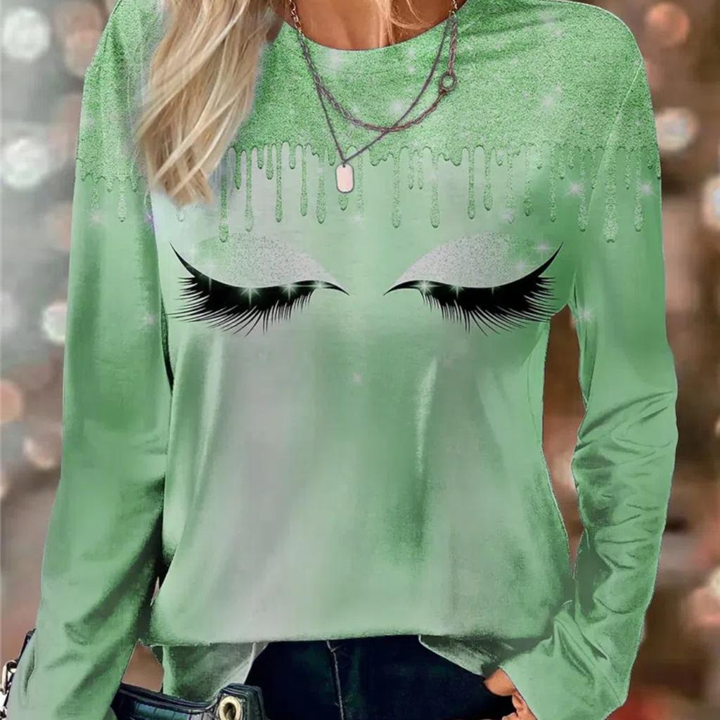 Women Eyelash Face Abstract Pattern Fashion T-Shirts Spring Autumn Long Sleeve 3d Print Street Style Lady Tee 6XL Plus Size Tops