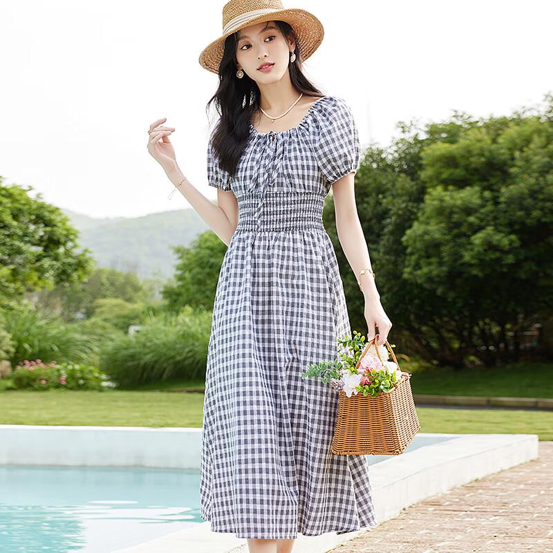 VICTORIA&VERA Women's Plaid Square Neck Puff Sleeve Midi Dress